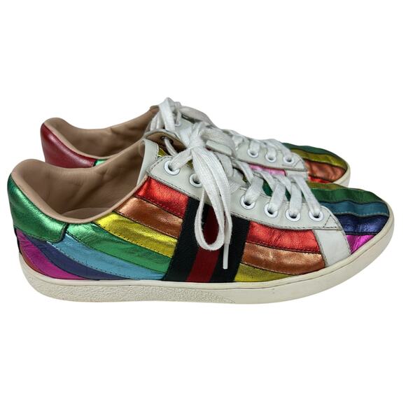 Gucci Rainbow Metallic Multi Colored Stripe Leather Lace Up Ace Sneaker 8 - Picture 3 of 9